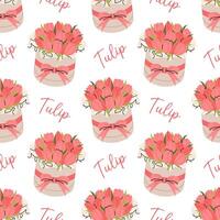 Pattern with red tulip bouquets in an elegant round gift box with bow on white background. For floral and festive designs, textile, wrapping paper. vector