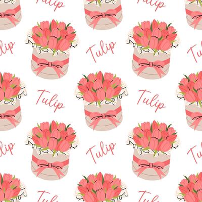 Pattern with red tulip bouquets in an elegant round gift box with bow on white background. For floral and festive designs, textile, wrapping paper.