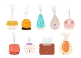 Air diffuser. Set humidifier different shapes and sizes. Device for humidifying. Modern subject. Purifier microclimate. Aroma lamp isolated on white background. vector