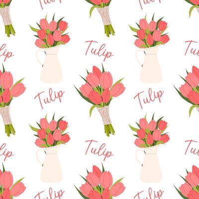 Seamless pattern with delicate tulip bouquets on white background. Spring flowers in jug. For textiles, packaging, wallpapers and elegant floral designs.