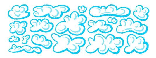 Soft round cartoon fluffy blue cloud Chalk art set vector