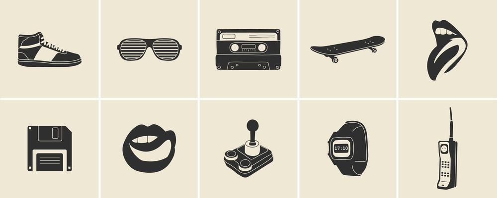Classic 80s 90s elements in flat line style. Hand drawn illustration skate board, cassette, sneaker, sunglasses, mouth with tongue, floppy disk, watches, phone. Fashion patch, badge, emblem.