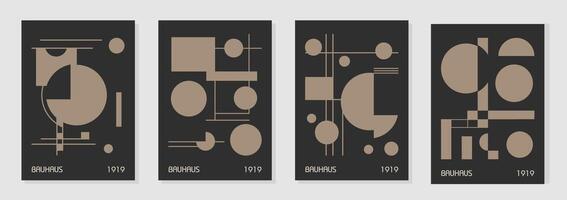Set of 4 minimal vintage 20s geometric design posters, wall art, template, layout with primitive shapes elements. Bauhaus retro pattern background, abstract circle, triangle vector