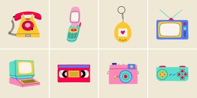 Classic 80s 90s elements in flat line style. Hand drawn illustration telephone, flip mobile phone, tamagotchi, TV, computer, cassette, camera, game controller. vector