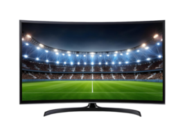 A curved television displaying a soccer stadium with bright lights and a packed crowd at night time png