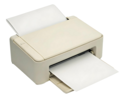 A beige printer with white paper inside and on top against a transparent checkered background view from above png