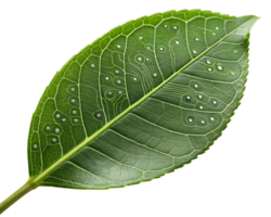 Single green leaf with a subtle circuit board pattern, isolated on transparent background png