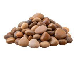 Pile of smooth, multicolored river rocks, predominantly browns and tans, isolated on transparent background png