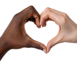 Two hands of different skin tones forming a heart shape against a plain transparent background studio shot png