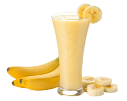 Tall glass of creamy banana smoothie with banana slices, isolated on transparent background png