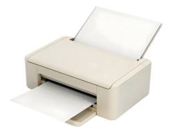a beige printer with white paper inside and on top of it. the background is transparent checkered png