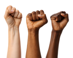 Three raised fists of different skin tones, symbolizing unity, isolated on transparent background png