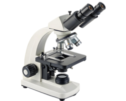 Detailed view of a laboratory microscope with dual eyepieces on a transparent background png