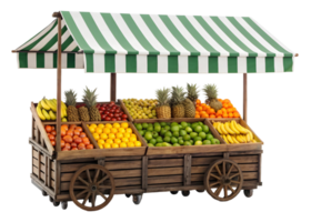 Rustic wooden fruit cart with green and white striped canopy png