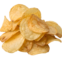 A close up shot of a pile of golden crispy potato chips stacked on top of each other on transparent background png