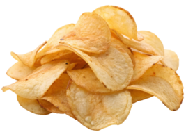 A pile of crispy potato chips on a transparent background ready to be used in any design work png