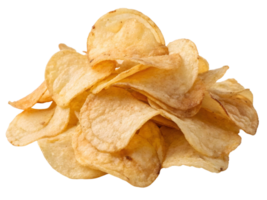 A close up shot showcasing a pile of golden potato chips against a transparent background in detailed view png