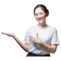 A smiling individual in a white shirt gestures invitingly with one hand, showcasing a friendly and approachable demeanor. png
