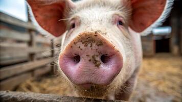 Close-up of a pig's moist snout farmyard animal portrait natural setting focused angle nose and pig concept video