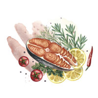 Sliced red fish with tomatoes, lemon and herbs. A hand-drawn watercolor illustration. A color image of a fish dish. On the background of a watercolor spot. For menus, recipe books, packages, labels. png