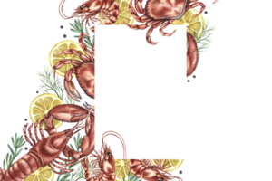 A frame with the image of shrimps, crabs and lobsters with lemon and herbs. A hand-drawn watercolor illustration. A color template with an image of seafood. For menus, recipes, packages, labels. png