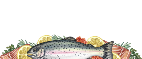 A frame with a picture of trout, lemon and greens. A hand-drawn watercolor illustration. A color template with an image of seafood. For menus, recipes, packages, labels, invitation flyers and banners. png