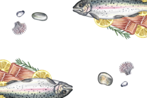 A frame with trout, lemon, greenery and marine elements. A hand-drawn watercolor illustration. A color template. For menus, recipes, packages, labels, invitation flyers and banners. png