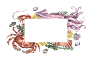 A frame with an image of seafood, shrimp, crabs and squid with lemon and herbs. Handmade watercolor illustration. A color template. For menus, recipes, packages, labels and invitations. png