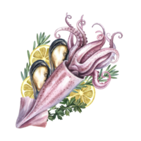 Whole squid with mussels, celery, lemon and rosemary. A hand-drawn watercolor illustration. Color image of seafood. For menus, recipes, packages, labels and invitation flyers. png