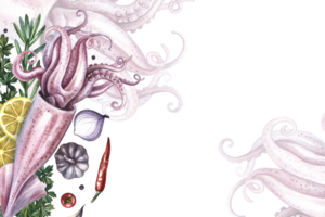 A frame with an image of squid and vegetables. A hand-drawn watercolor illustration. A color template with an image of seafood. For menus, recipes, packages, labels and banners. png