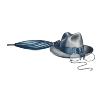 Men's grey hat, umbrella and glasses. Handmade watercolor illustration. Color image of men's accessories. Separate from the background. Perfect for banners, flyers, packages, labels, invitations. png