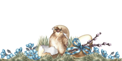 The frame border of forget-me-nots, an Easter egg and a hatched chicken. A hand-drawn watercolor illustration. For greeting cards and Easter invitations. For packaging, labels and posters. png