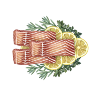 Sliced fillet of red fish with lemon and herbs. Handmade watercolor illustration. A color image of a delicious red fish dish. For menus, recipe books, packages, labels, invitations and banners. png
