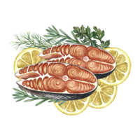 Sliced pieces of red fish with lemon and herbs. Handmade watercolor illustration. A color image of a delicious red fish dish. For menus, recipe books, packages, labels, invitations and banners. png