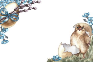 A frame of forget-me-nots, an Easter decorated egg and a hatched chicken. A hand-drawn watercolor illustration. For greeting cards and Easter invitations. For packaging, labels and posters. png