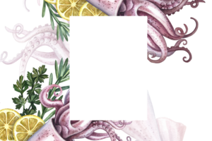 A frame with an image of squid and vegetables. A hand-drawn watercolor illustration. A color template with an image of seafood. For menus, recipes, packages, labels and invitation flyers. png