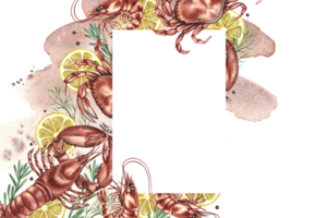 A frame with the image of shrimps, crabs and lobsters with lemon and herbs. A hand-drawn watercolor illustration. A seafood image template with a watercolor spot. For menus, recipes, packages, labels. png