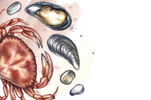 A frame with an image of a crab and mussels. A hand-drawn watercolor illustration. A colorful seafood pattern with a watercolor spot. For menus, recipes, packages, labels and invitation flyers. png