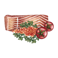 Sliced fillet of red fish with tomatoes, parsley and red caviar. watercolor illustration. hand-drawn. A color image of a fish dish. Great for menus, recipe books, packages, labels. png