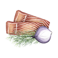 Sliced fillet of red fish with dill and onion. Hand-drawn watercolor illustration. A color image of a fish dish. Separate from the background. For menus, recipe books, packages, labels, invitations. png