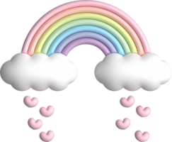 Whimsical 3D Rainbow with Clouds Raining Hearts in Pastel Colors png