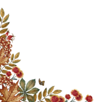 The frame is angular with autumn leaves, flowers, mountain ash and other autumn elements. Handmade watercolor illustration. Color image. For greeting and invitation cards, banners and posters. png