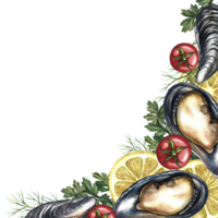 Corner frame with mussels, lemon, herbs and cherry tomatoes. Handmade watercolor illustration. A color image of a seafood template. For menus, invitations, packages, labels. png