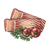 Sliced fillet of red fish with tomatoes, parsley. Hand-drawn watercolor illustration. A color image of a fish dish. Separate from the background. Great for menus, recipe books, packages, labels. png