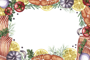 A frame with a picture of a fillet of red fish with vegetables. A hand-drawn watercolor illustration. A color image of a seafood template. For menu, labels packaging, invitation png
