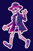Funny walking skeleton in fedora hat, jacket and sneakers. sticker isolated on dark background vector