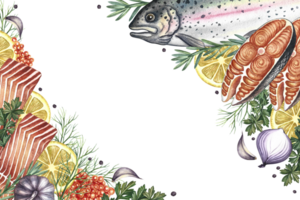 Corner frame with trout, whole and sliced, with vegetables and spices. A hand-drawn watercolor illustration. A color image of a seafood template. For menu, recipe, invitation. png