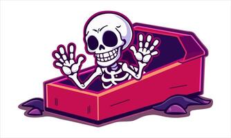 Funny skeleton peeking out of coffin. isolated illustration vector