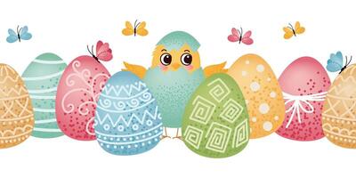 Seamless horizontal border with cute yellow chick and colorful easter eggs with butterflies flying around. Seamless Easter horizontal border, frame. Easter celebration and springtime holidays. vector