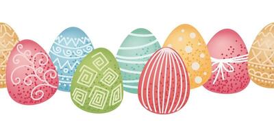 Easter eggs with various decorative patterns in a seamless row. Seamless Easter pattern for frame or border. vector